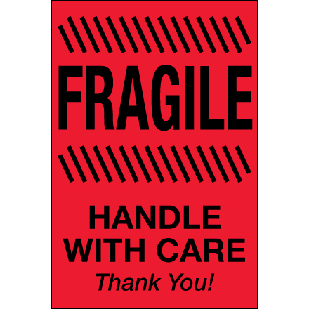 2 x 3" - "Fragile - Handle With Care" (Fluorescent Red) Labels